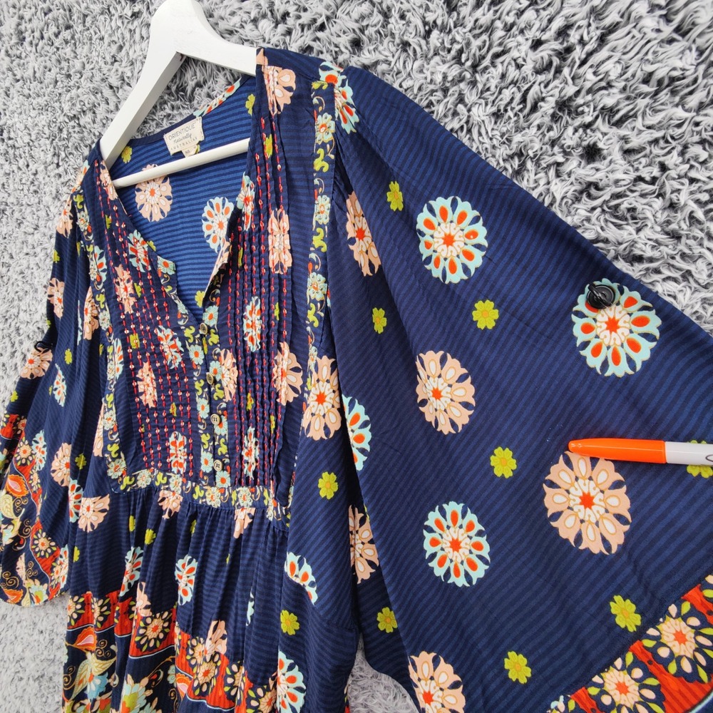 Orientique Womens Boho Floral Pintuck Peasant Blouse Large Navy Blue Wide Sleeve - Picture 7 of 16